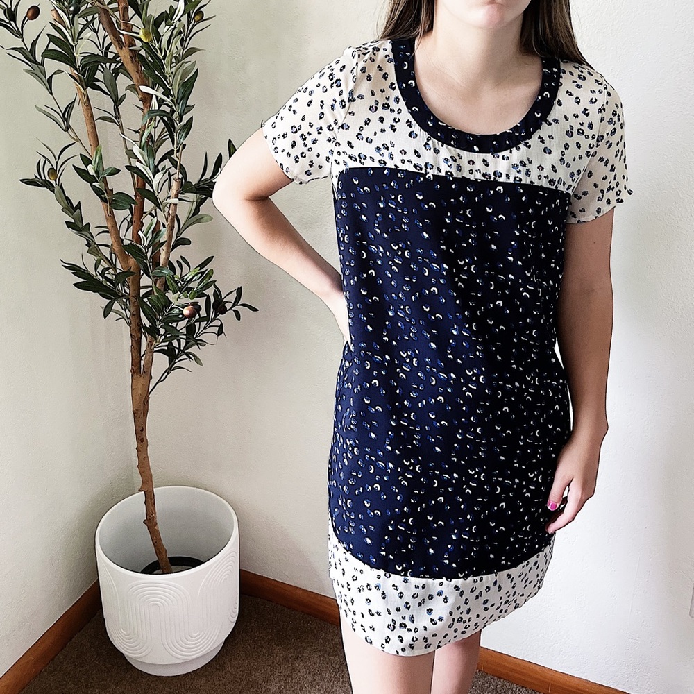Anthropologie Maeve Leopard Short Sleeve Shift Dress Navy and White Size XS